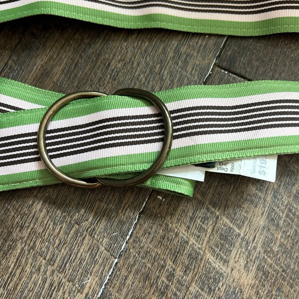 J. Crew Pink/ Green Striped Grosgrain‎ Ribbon D-Ring Belt M/L  Brass Hardware